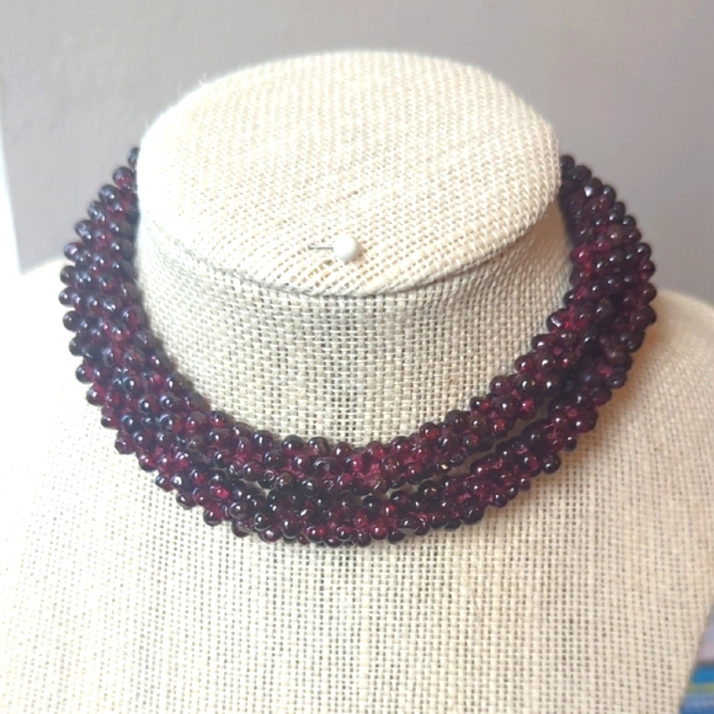 VINTAGE "Rare" Deep Red Garnet "PYROPE WOVEN", Hand beaded necklace